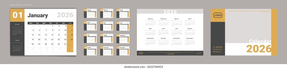 2026 Calendar Planner Set of Template Monthly Page with Note and cover with Place for Photo, Company Logo. Vector grid layout of wall or desk organizer with week start Monday for print. Pages size A4