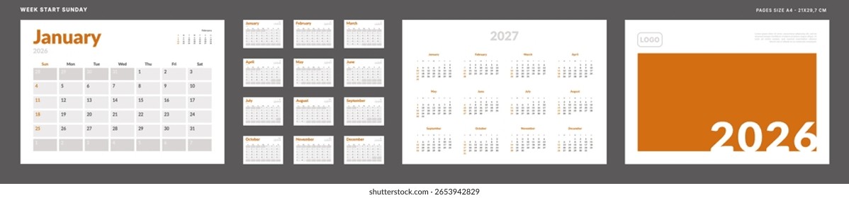 2026 Calendário Planejador Conjunto de Modelo Página Mensal, Capa com Lugar para Foto, Logotipo da Empresa, Anual 2027. Layout vetorial de um calendário de mesa ou parede com início de semana domingo para impressão. Página A4 -21x29,7cm