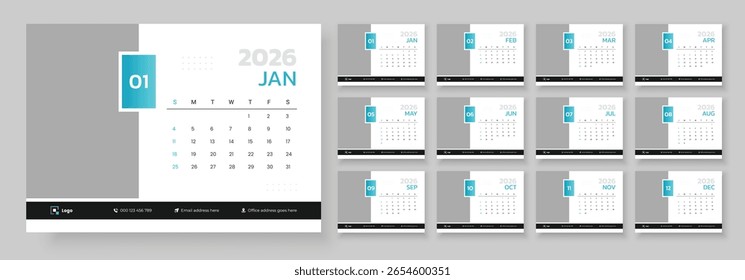 Calendario 2026 Calendario mensual de Plantilla. Plantilla de diseño de calendario de escritorio 2026, diseño de calendario de mesa corporativa de 12 meses, inicio de semana el domingo.