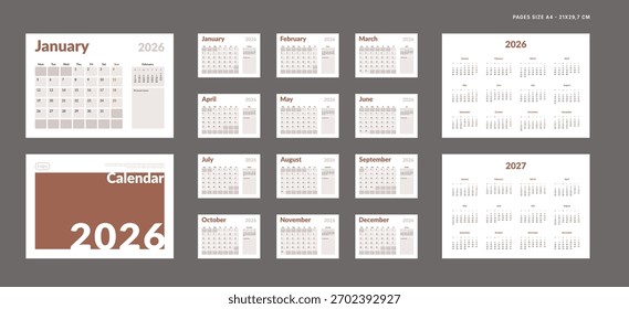 Calendário 2026 Planejador Conjunto de Modelo Página Mensal com Nota, Capa com Lugar para Foto, Logotipo da Empresa, Anual 2026-2027. Layout vetorial do organizador de parede ou mesa para impressão. Segunda-feira com início na semana. Páginas A4