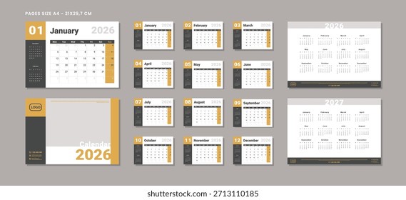 2026 Calendario Planificador Conjunto de Plantilla Mensual Página, Portada con Lugar para Foto, Logo de la Compañía, Anual 2026-2027. Vector Calendario de pared o escritorio con inicio de semana Lunes para imprimir. Página A4 -21x29.7cm