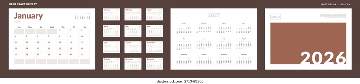 2026 Kalender-Planer Set Vorlagenraster Monatsblatt, Umschlag mit Platz für Foto, Firmenlogo, Jährlich 2027. Vektor-Layout der Wand oder Schreibtisch Organizer Kalender mit Wochenstart Sonntag im Druck. Seiten A4
