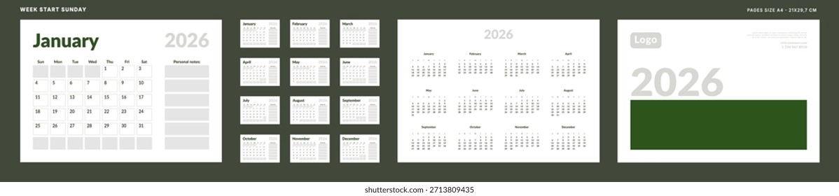 2026 Kalender-Planer Set Vorlagenraster Monatliche Seite mit Hinweis, Abdeckung mit Platz für Foto, Firmenlogo, jährlich. Vektor-Layout von Wand- oder Schreibtisch-Organizer mit Wochenstart Sonntag fertig Druck. Seite A4