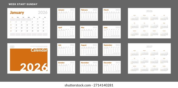 2026 Calendar Planner Set of Template grid Monthly Page, Cover with Place for Photo, Company Logo, Annual 2026, 2027. Vector layout of wall or desk organizer ready print. Week start Sunday. Pages A4