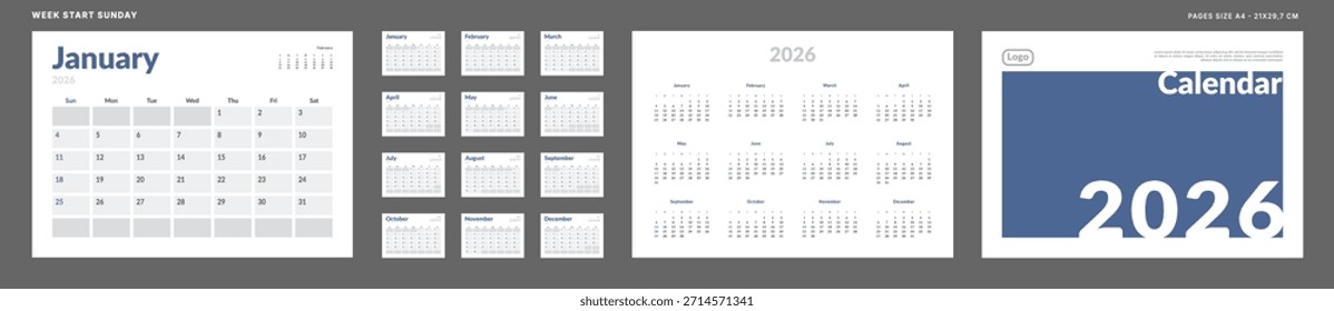 Kalenderplaner 2026 Vorlagensatz Monatliche Seite, Umschlag mit Platz für Foto, Firmenlogo, Jährlich 2026. Vektorlayout des Wand- oder Schreibtischkalenders mit Wochenstart Sonntag fertig gedruckt. Seiten A4-21x29,7cm