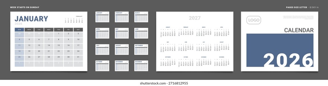 Kalenderplaner 2026 Vorlagensatz Monatliche Seite, Umschlag mit Platz für Foto, Firmenlogo, Jährlich 2027. Vektorgrafik-Layout des Wand- oder Schreibtischkalenders mit Wochenstart Sonntag im Druck. Seitenbuchstabe 8,5 x 11 Zoll