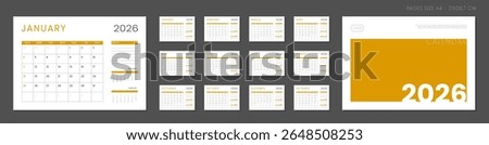 2026 Calendar Planner Set of Template Monthly Page with Note and cover with Place for Photo, Company Logo. Vector grid layout of wall or desk organizer with week start Sunday for print. Pages size A4