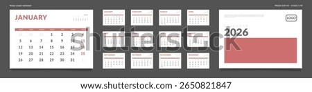 2026 Calendar Planner Set of Template Monthly Page with Note and cover with Place for Photo, Company Logo. Vector grid layout of wall or desk organizer with week start Monday for print. Pages size A4