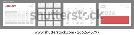 2026 Calendar Planner Set of Template grid Monthly Page, Cover with Place for Photo, Company Logo, Annual 2027. Vector layout of wall or desk organizer calend with week start Monday in print. Pages A4