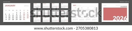 2026 Calendar Planner Set of Template Monthly Page, Cover with Place for Photo, Company Logo, Annual 2027. Vector layout of wall or desk Calendar for print. Week start Monday. 2 Weekend red. Pages A4