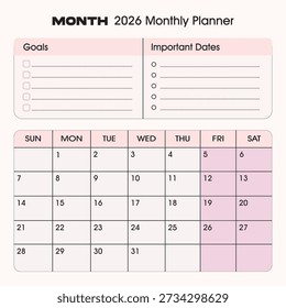 2026 Calendar and Planner Template Minimal Monthly Schedule Planner