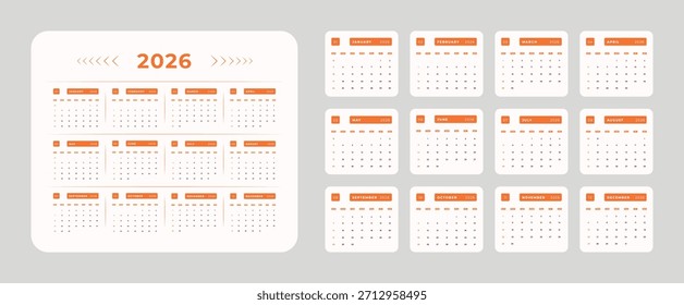 Conjunto de Plantillas de calendario 2026 con diseño mínimo para impresión y Uso digital