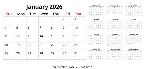 2026 calendar planner. A vector collection of English monthly page calendars. Design with Sunday start