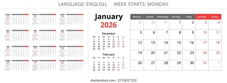 2026 calendar planner. A vector collection of English monthly page calendars. Week starts Monday