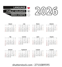 Calendario 2026 en idioma polaco, la semana comienza desde el domingo. Ilustración vectorial.