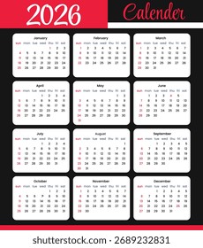 Un calendario de 2026 presentado en un diseño de cuadrícula sobre un fondo oscuro, con meses y fechas en contraste con texto rojo y blanco.