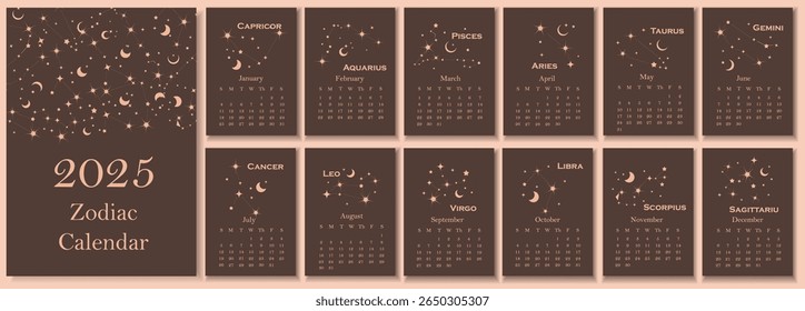 2026 calendar set with 12 monthly pages featuring zodiac constellation designs for each astrological sign in a celestial and mystical style