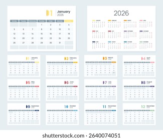 2026 calendar set with clean monthly layouts, weekday labels, corporate design template vector. Desk calendar 2026