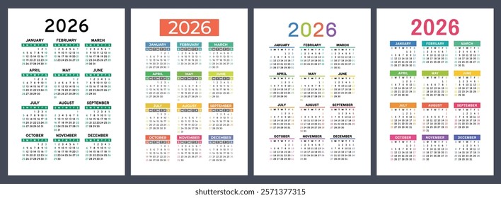 2026 calendar set. Vector pocket calender design. Week starts on Sunday. January, February, March, April, May, June, July, August, September, October, November, December