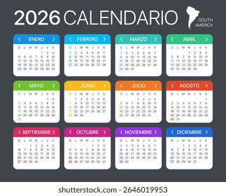 2026 calendar - Spanish South Latin American Version - Vector Template