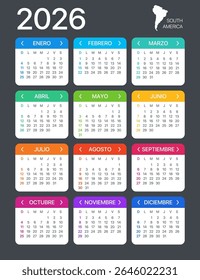 Calendário 2026 - Versão espanhola sul-latino-americana - Modelo vetorial
