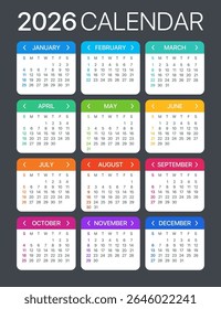 Calendário 2026 - de domingo a segunda-feira - Modelo Vetorial