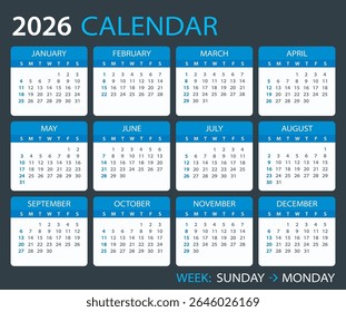 Calendário 2026 - de domingo a segunda-feira - Modelo vetorial
