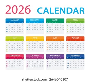 Calendário 2026 - de domingo a segunda-feira - Modelo vetorial