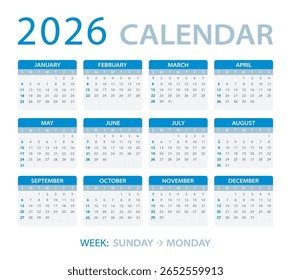 Calendário 2026 - de domingo a segunda-feira - Modelo vetorial