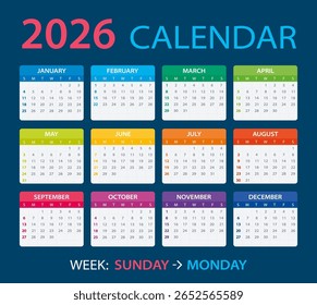 Calendário 2026 - de domingo a segunda-feira - Modelo vetorial