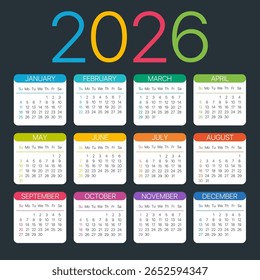 Calendário 2026 - de domingo a segunda-feira - Modelo vetorial