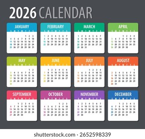 Calendário 2026 - de domingo a segunda-feira - Modelo vetorial