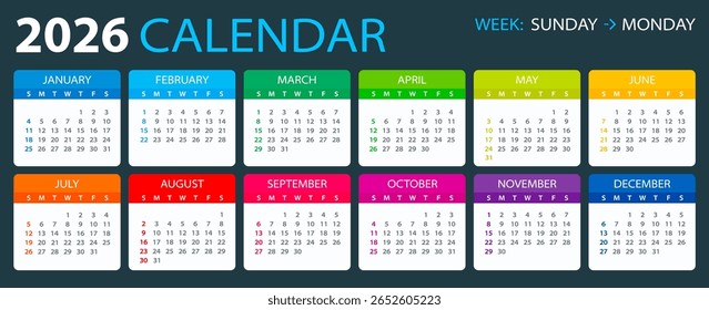 Calendário 2026 - de domingo a segunda-feira - Modelo vetorial