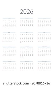 2026 calendar template in classic strict style. Monthly calendar individual schedule minimalism restrained design for business notebook. Week starts on sunday