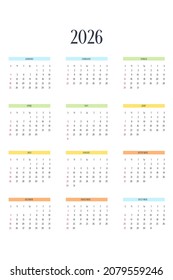 2026 calendar template in classic strict style with multicolor elements. Monthly calendar individual schedule minimalism restrained design for business notebook. Week starts on sunday