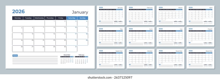 2026 calendar template. Corporate and business planner diary. The week starts on Monday. Set of 12 months of pages.