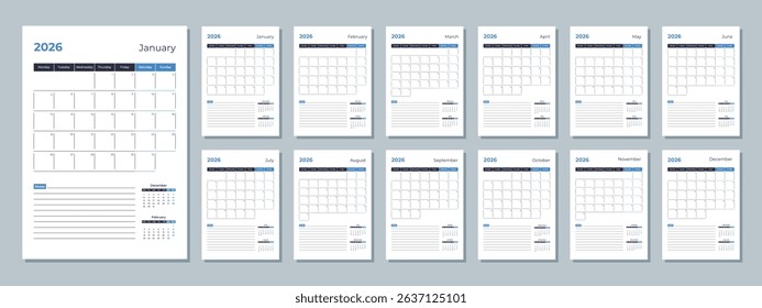 2026 calendar template. Corporate and business planner diary. The week starts on Monday. Set of 12 months of pages.