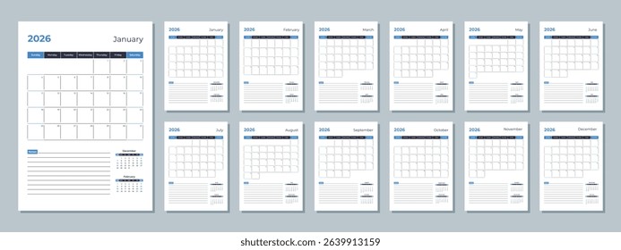 2026 calendar template. Corporate and business planner diary. The week starts on Sunday. Set of 12 months of pages.