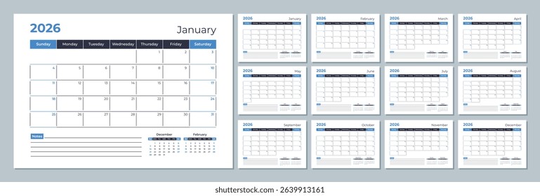 2026 calendar template. Corporate and business planner diary. The week starts on Monday. Set of 12 months of pages.
