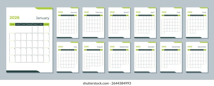 2026 calendar template. Corporate and business planner diary. The week starts on Sunday. Set of 12 months of pages.