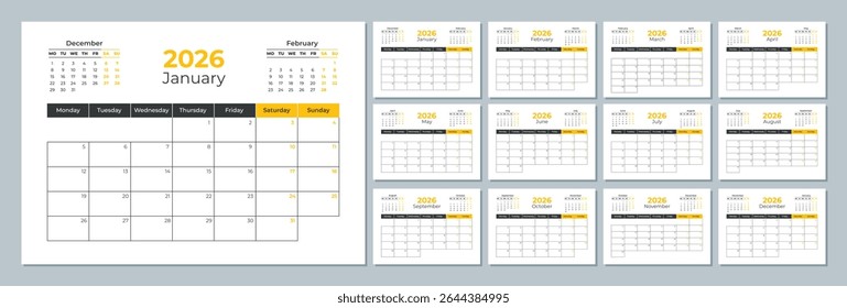 2026 calendar template. Corporate and business planner diary. The week starts on Monday. Set of 12 months of pages.