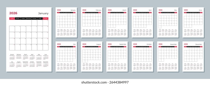 2026 calendar template. Corporate and business planner diary. The week starts on Sunday. Set of 12 months of pages.