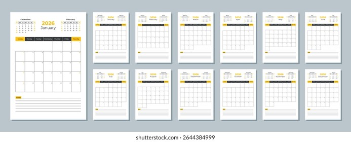 2026 calendar template. Corporate and business planner diary. The week starts on Sunday. Set of 12 months of pages.