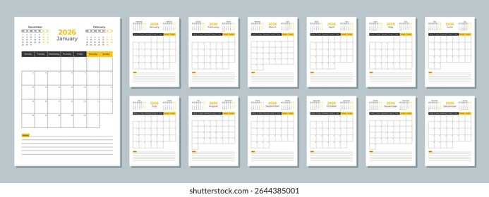 2026 calendar template. Corporate and business planner diary. The week starts on Monday. Set of 12 months of pages.
