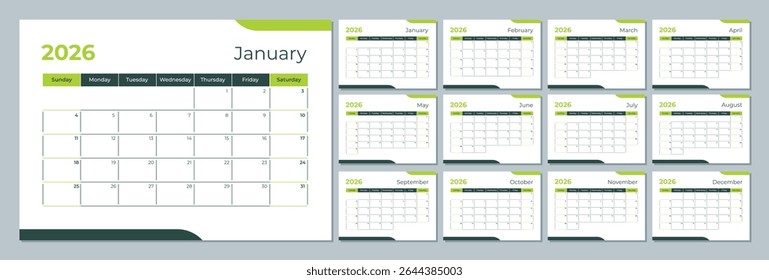 2026 calendar template. Corporate and business planner diary. The week starts on Sunday. Set of 12 months of pages.