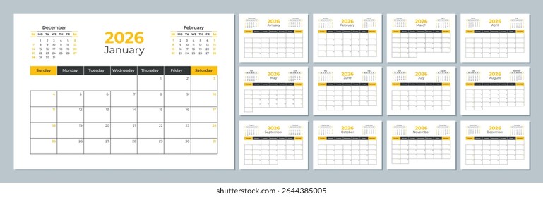 2026 calendar template. Corporate and business planner diary. The week starts on Sunday. Set of 12 months of pages.