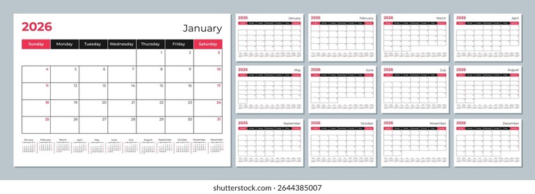2026 calendar template. Corporate and business planner diary. The week starts on Sunday. Set of 12 months of pages.