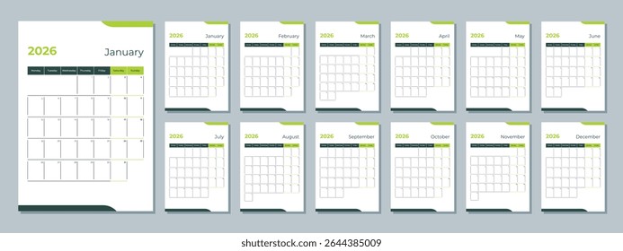 2026 calendar template. Corporate and business planner diary. The week starts on Monday. Set of 12 months of pages.
