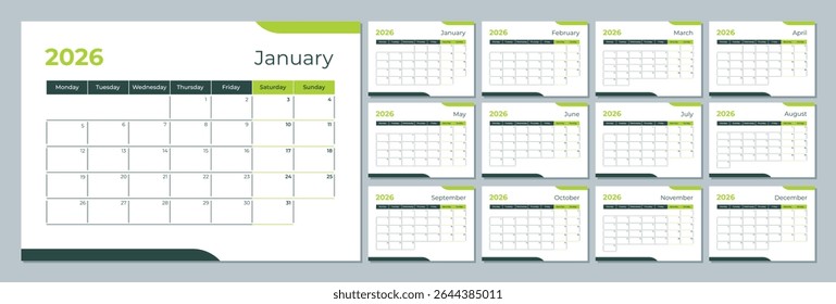 2026 calendar template. Corporate and business planner diary. The week starts on Monday. Set of 12 months of pages.