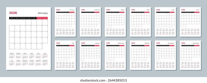 2026 calendar template. Corporate and business planner diary. The week starts on Monday. Set of 12 months of pages.